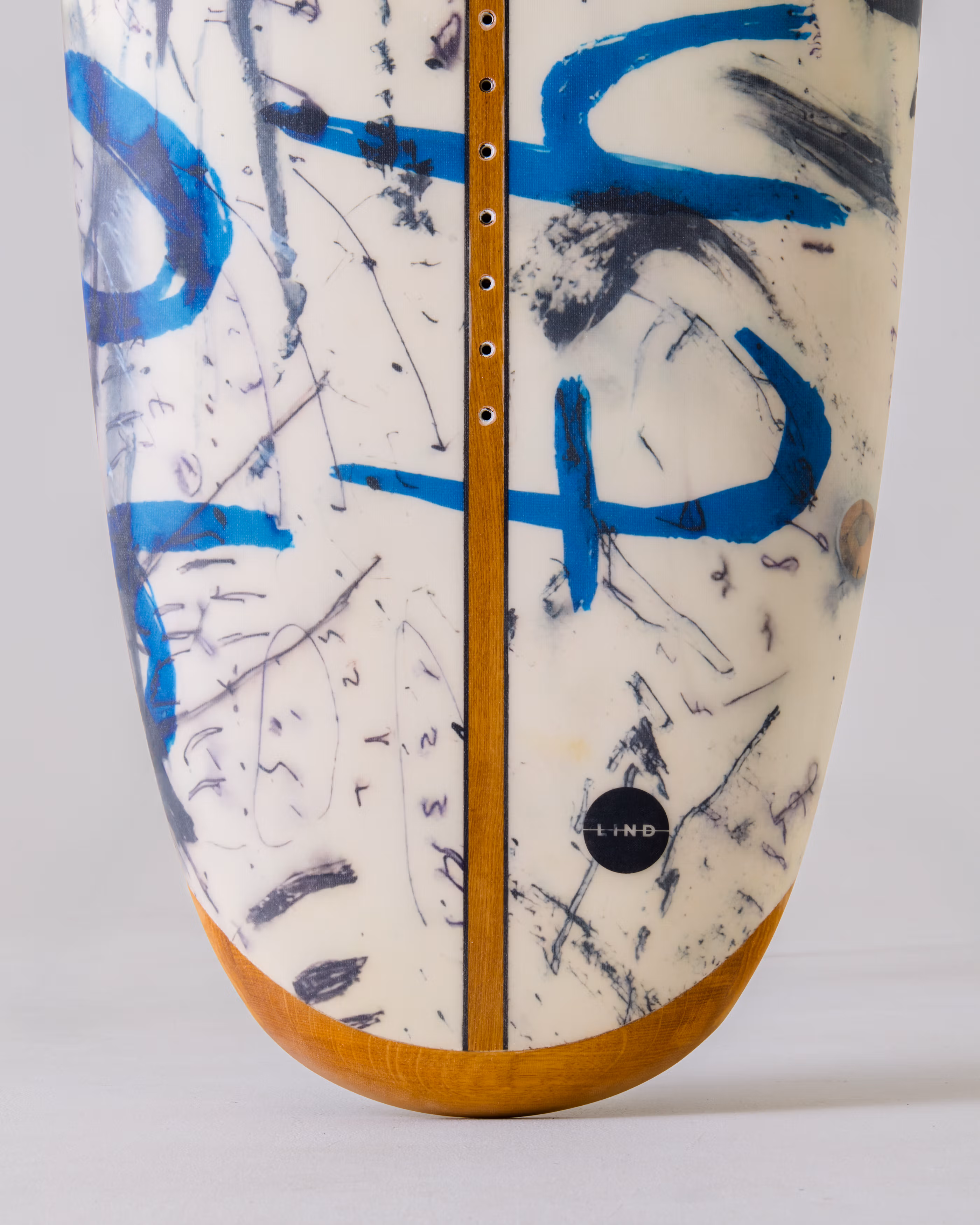 LIND electric surfboard art board with custom painted design and oak wood stringer